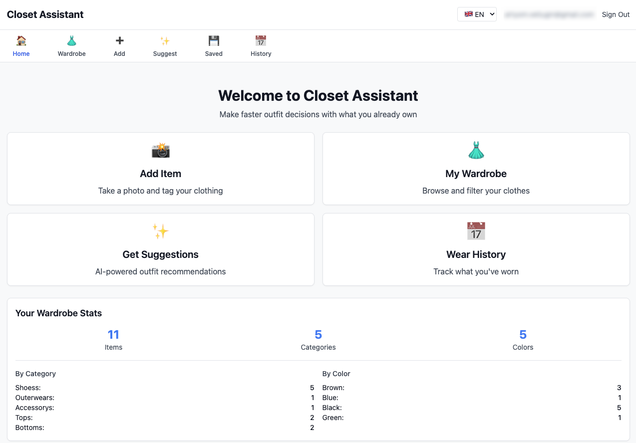screenshot of closet assistant app